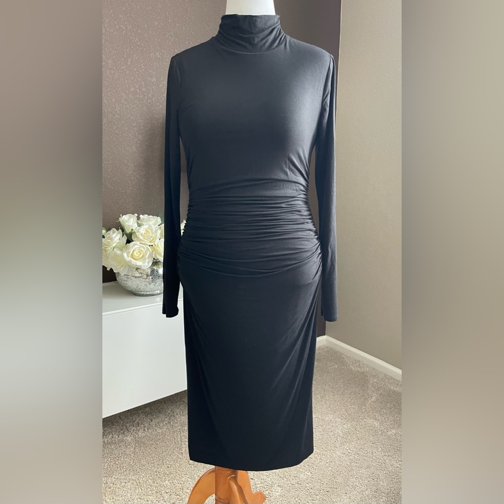 White House Black Market Black Long-Sleeve Turtleneck Ruched Dress